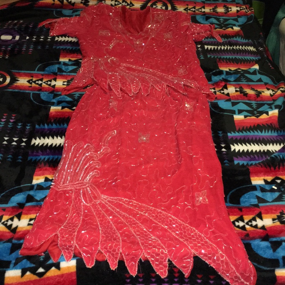 Red, beaded evening wear ensemble by Interlude CA